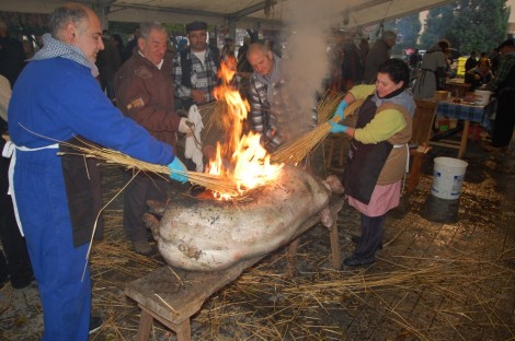 Los matanceros queman el cerdo con paja.